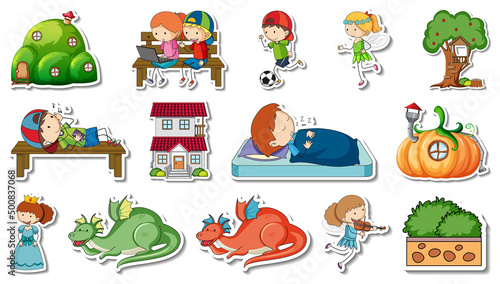 Sticker set of fantasy fairy tale cartoon characters