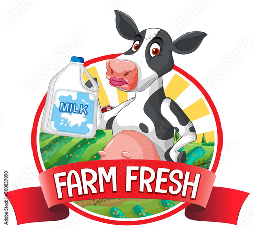 Cartoon cow with farm fresh label