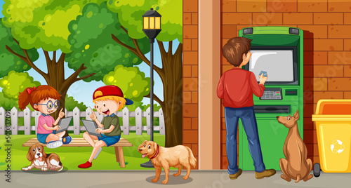 ATM on street scene with a man withdraw money