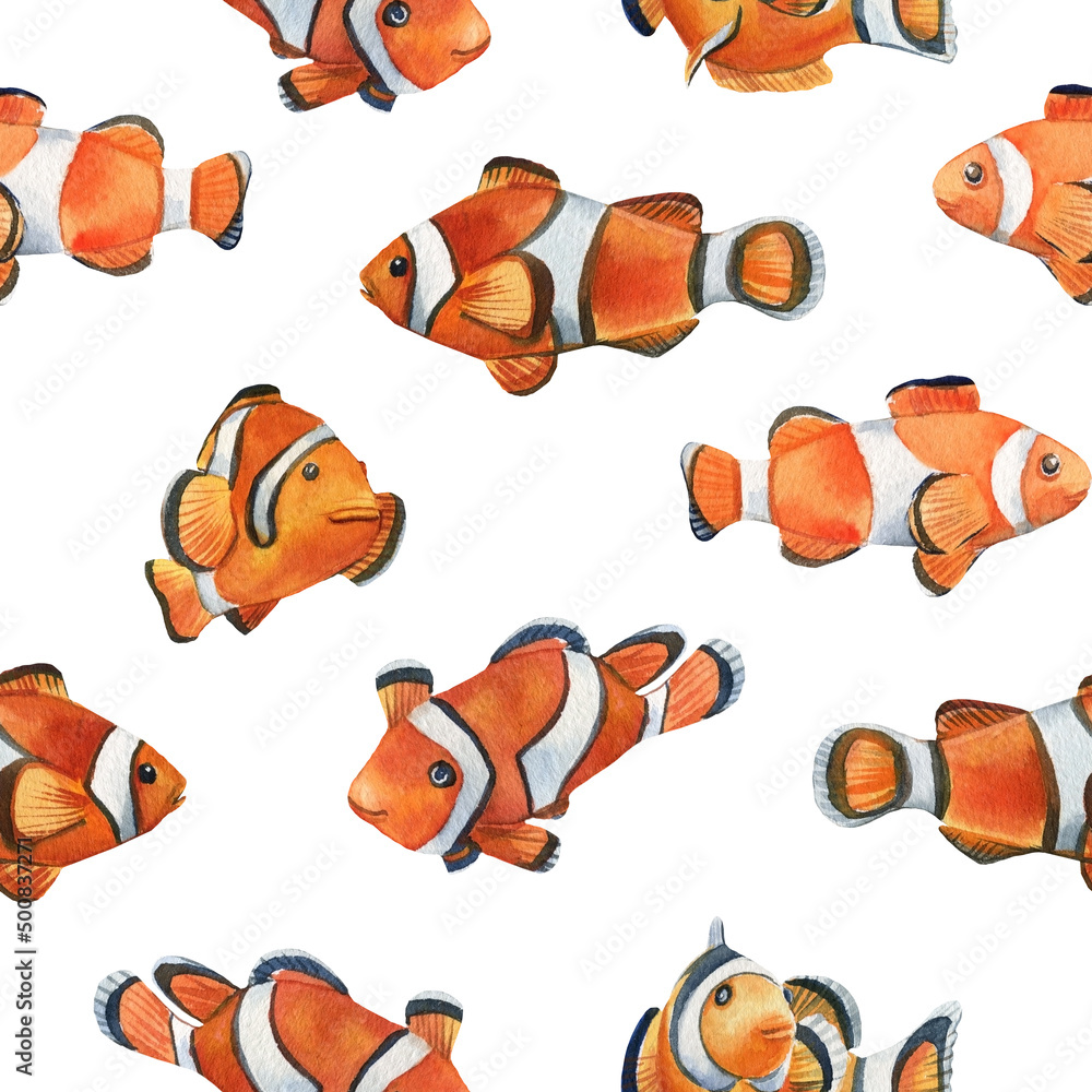 Fototapeta premium Watercolor Seamless pattern clown fish