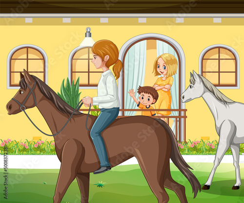 A girl riding on a horse at farm scene