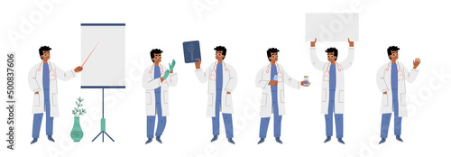 Doctor character with blank banner, x-ray image, stethoscope and pills. Vector flat illustration of hospital, health clinic or medicine center worker giving presentation on white board