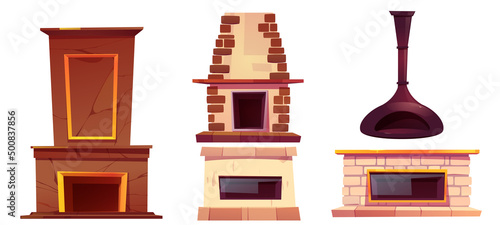 Fireplaces, home hearth isolated on white background. Vector cartoon set of empty fireplaces from marble, brick, natural stone and iron with chimney and mantelpeices