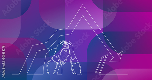 continuous line drawing of depressed man on white background with decreasing graph
