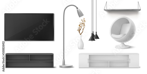 Set of home furniture, appliances, decor and electric devices. Isolated mockup television stand, tv set, floor and ceiling lamps, ball chair, plant in vase and shelf, Realistic 3d vector illustration