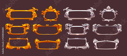 Game gold and silver fantasy frames in medieval style. Vector cartoon set of rpg game ui design elements with empty old metal and golden buttons with decorative borders
