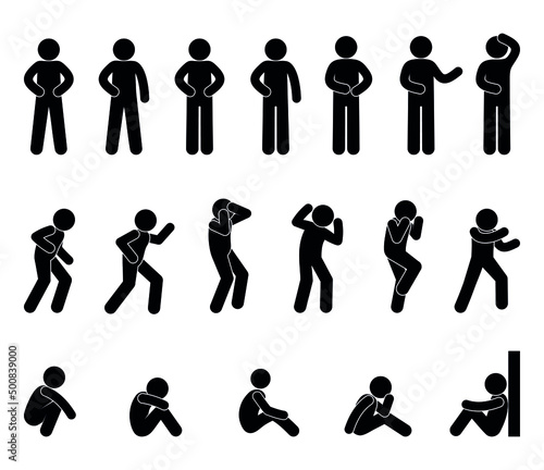 stick figure man icon, vector pictogram set, isolated silhouettes of people, man stands, walks, sits