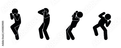 pose of fear, man defends himself from danger, stick figure human silhouette, isolated vector icons