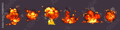 Cartoon dynamite or bomb explosion, fire set. Boom clouds and smoke elements for ui game design. Dangerous explosive detonation, atomic comics detonators for mobile animation, isolated vector icons