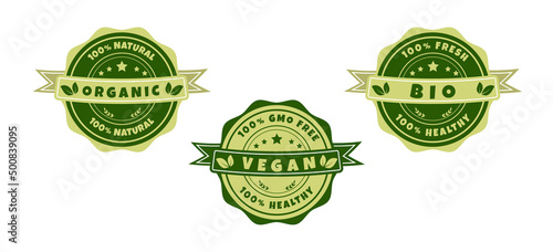 Organic, natural  products sticker, lable, badge and logo. Ecology icon. Logo template with green leaves, stars for eco friendly products. Vector illustration.