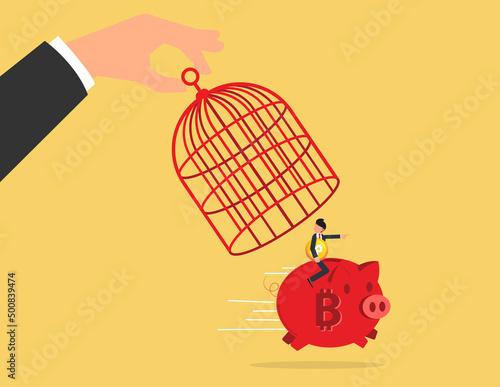 Investor carrying bitcoin riding a piggy bank run away from government cage. government try to control crypto, cryptocurrency regulation