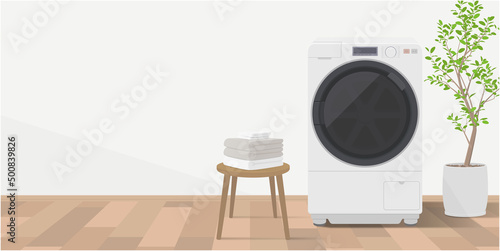 Vector illustration of washing machine in home laundry room with copy space.