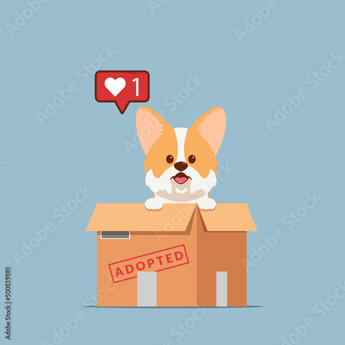 Adopt pet concept illustration. Dog rescue, protection, adoption concept. Flyer, poster template.Cute corgi puppy in a box.