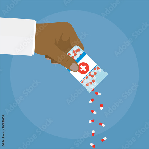 Cartoon hand of medical staff holds bottle and pour out pills. Medicines prescribed by doctor. Capsules for treatment of disease. Plastic container of pills. Pharmacy, drugs.