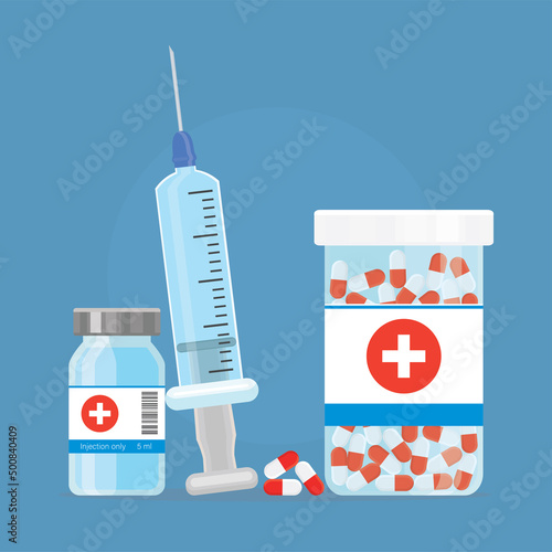 Bottle of pills. Medicines Prescribed by doctor. Vial of medicine and syringe for injection. Capsules for treatment of disease. Plastic container of pills. Pharmacy, drugs.