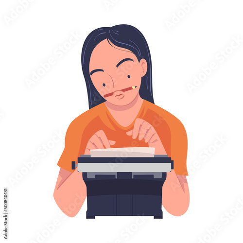 Woman Writer Character at Typewriter Writing Book Engaged in Creative Literary Work Vector Illustration photo