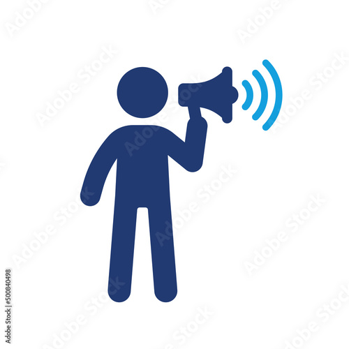 Public advocacy vector. Man holding megaphone icon isolated on white background.