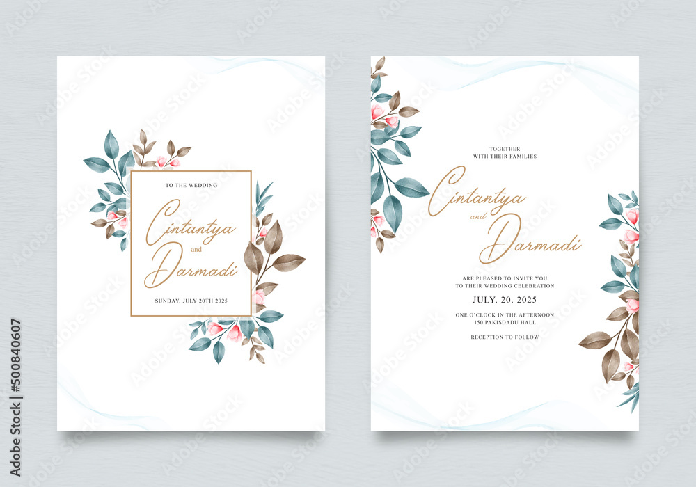 Wedding invitation template with elegant blue leaves decoration