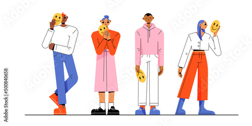 Sad people cover faces with smiling masks expressing positive and happy emotions. Concept of hiding personality or individuality, psychological problem, hypocrisy Linear flat vector illustration