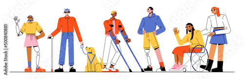 Diverse handicap people group, disability concept. Disabled character on wheelchair, man on crutches, woman with leg prosthesis, blind guy with stick and guide dog, Linear flat vector illustration