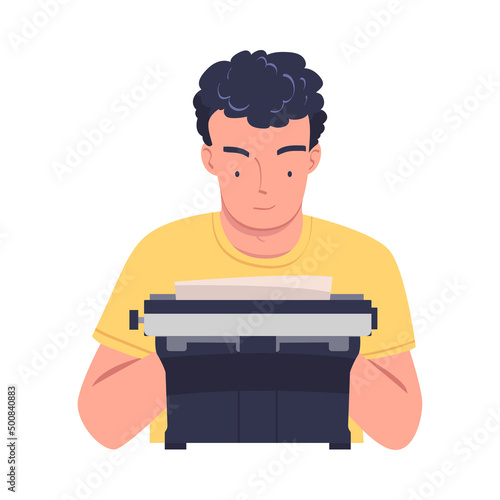 Man Writer Character at Typewriter Writing Book Engaged in Creative Literary Work Vector Illustration