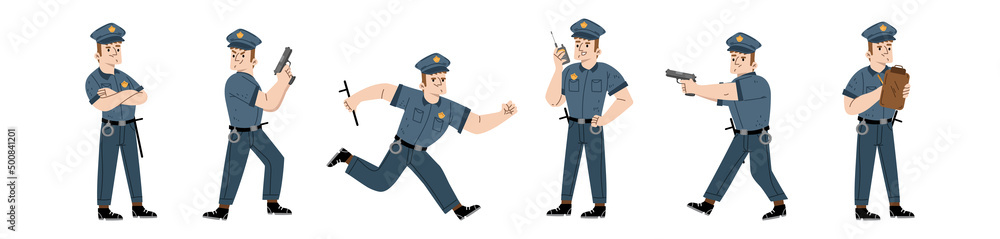 Policeman, police officer or guard character in blue uniform with cap, baton and handcuffs. Vector flat illustration of man cop with walkie talkie, aiming with gun, run and write traffic ticket