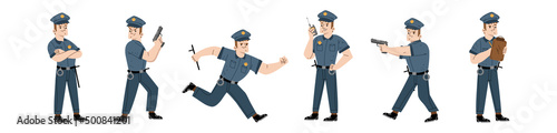 Photo Policeman, police officer or guard character in blue uniform with cap, baton and handcuffs