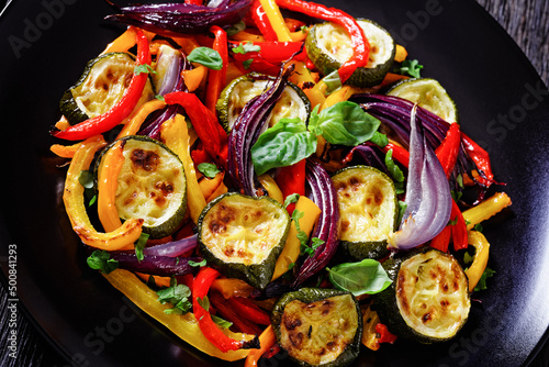 roast pepper slices with red onion and zucchini