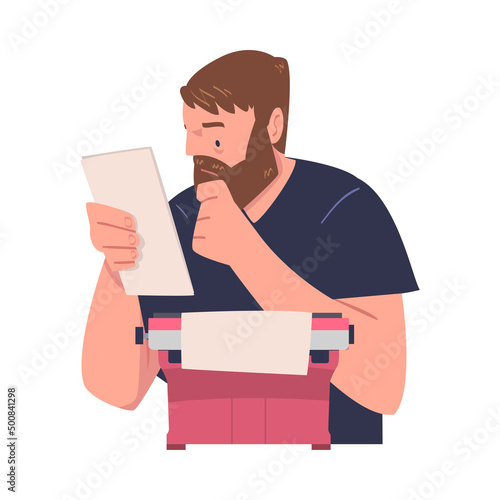 Bearded Man Writer Character at Typewriter Reading Paper Sheet Engaged in Creative Literary Work Vector Illustration