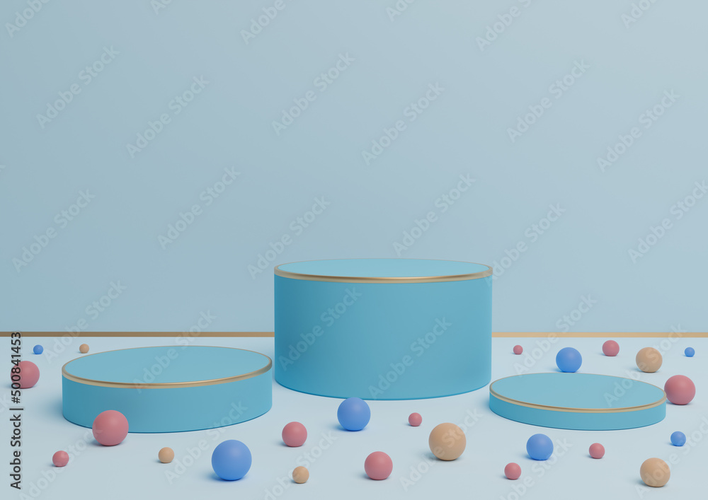 Light, pastel, baby blue 3D rendering of three podium stands product display with golden lines and colorful marbles for product presentation or backdrop luxury products or fun candies Light, pastel, baby blue 3D rendering of three podium stands product display with golden lines and colorful marbles for product presentation or backdrop luxury products or fun candies