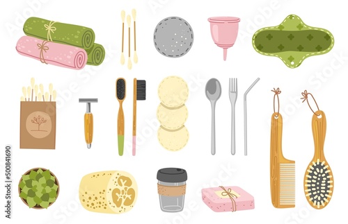 Zero waste bathroom hygiene set. Eco friendly and recycle products and tools. Shower towel, patches and eco friendly  personal hygiene. Flat vector cartoon isolated illustration.