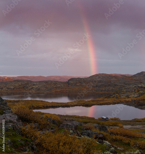 rainbow over the lake. Murmansk region. Russia