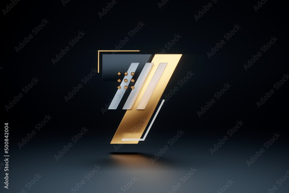 number seven, digit, dark golden style. Modern design, luxury style, mockup, poster. 3D render, 3D illustration.
