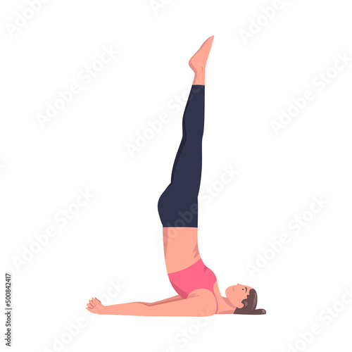 Young Woman Practicing Yoga Inverted Asana or Pose Stretching Body Vector Illustration