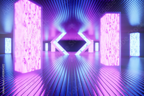 Blue and purple neon abstract background, futuristic interior. UV light, luminous panels, stage decorations. Modern design, luxury style, layout, 3D render, 3D illustration. photo