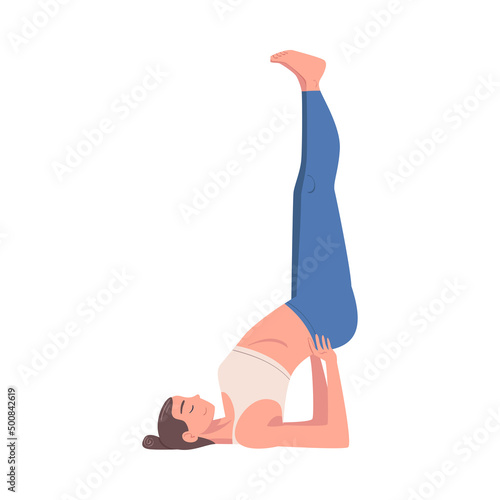 Young Woman Practicing Yoga Inverted Asana or Pose Stretching Body Vector Illustration