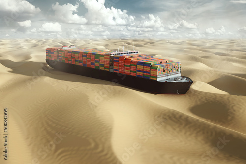 Container tanker in the desert, stuck in the sands. international transportation is difficult, container crisis. Problems, stop logistics, stop moving, collapse of the economy, stop trading. photo
