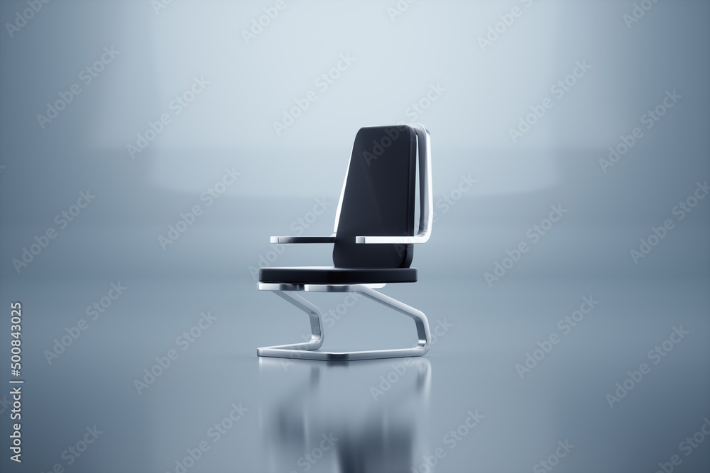 Black office chair with a metal frame on a light background. Modern design, layout, poster. 3D render, 3D illustration. Black office chair with a metal frame on a light background. Modern design, layout, poster. 3D render, 3D illustration.