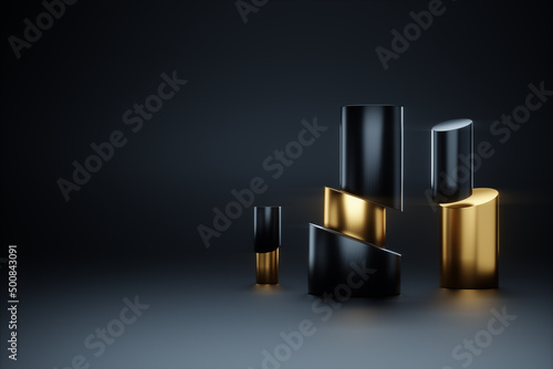 Dark golden background, clean design, luxurious layout. Realistic 3D geometric shapes on a dark background. Corporate banner, magazine style, modern design. Copy space, 3d render, 3d illustration