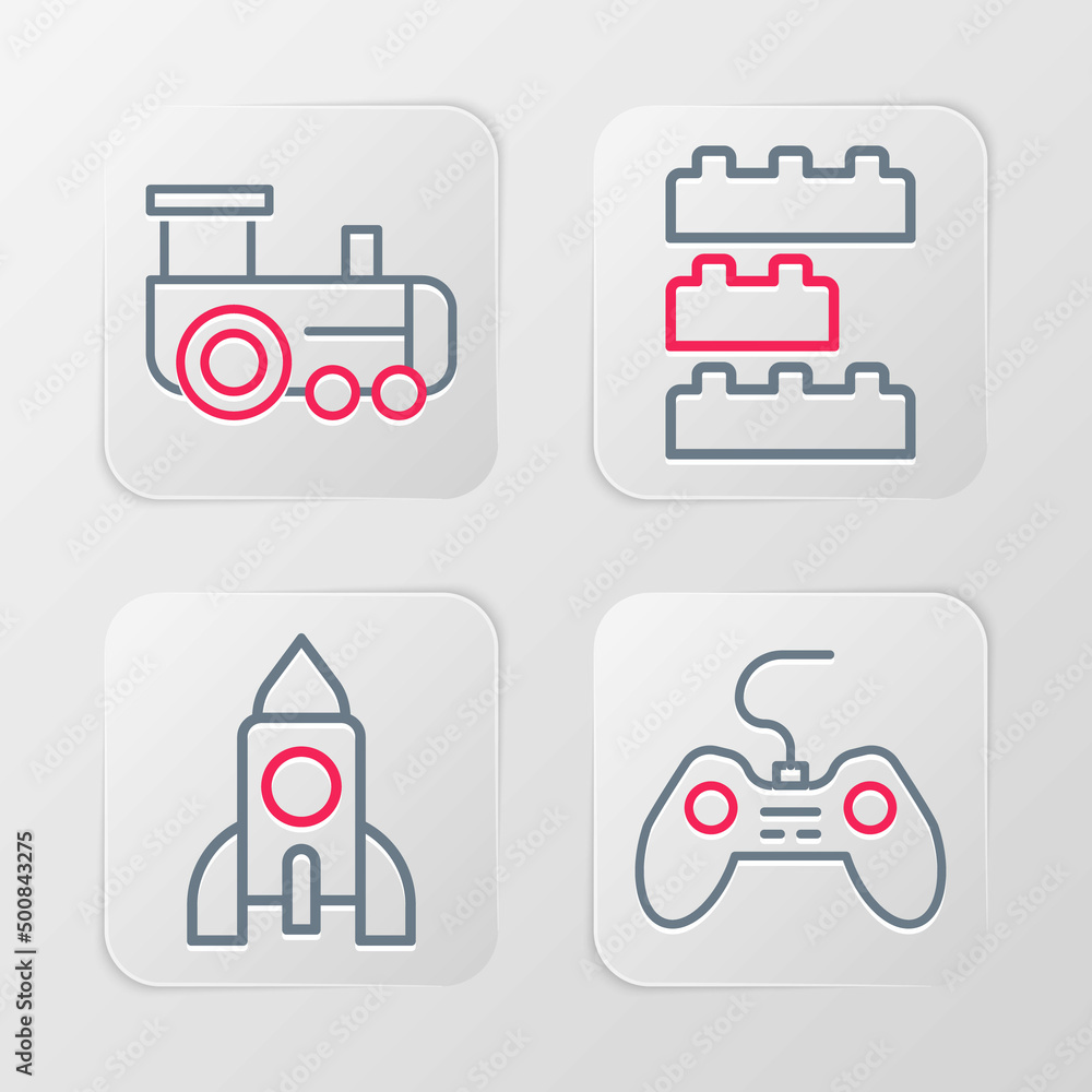 Set line Gamepad, Rocket ship toy, Toy building block bricks and train icon. Vector Set line Gamepad, Rocket ship toy, Toy building block bricks and train icon. Vector