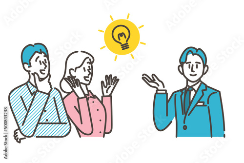 Male salesman explained to couple customer [Vector Illustration]