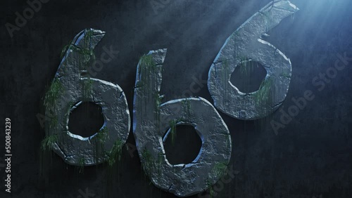 High quality dramatic motion graphic of the devil's 666 symbol, rapidly eroding and cracking and sprouting moss and weeds, with atmospheric light rays and dust motes photo