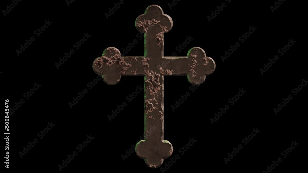 High quality dramatic motion graphic of an ornate crucifix cross icon symbol, rapidly eroding and rusting and decaying, on a plain black background High quality dramatic motion graphic of an ornate crucifix cross icon symbol, rapidly eroding and rusting and decaying, on a plain black background