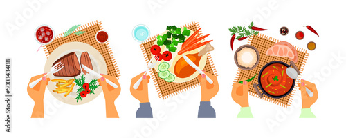 Top view on different main dishes.