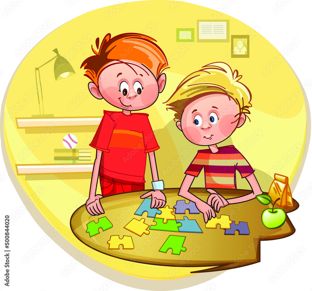 The boys are putting together a puzzle. Schoolchildren at the table. There is a puzzle on the table. The boys are playing. The boys are putting together a puzzle. Schoolchildren at the table. There is a puzzle on the table. The boys are playing.