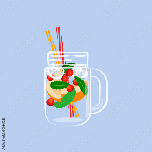 Lemonade in drinking can and slices of fresh peach