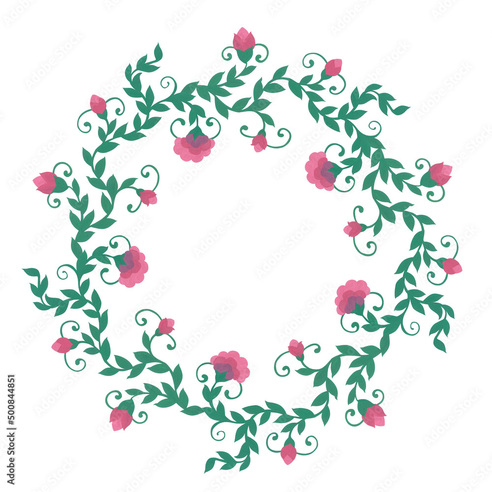 Watercolor wreath of intertwining pink flowers. Abstract wildflowers.