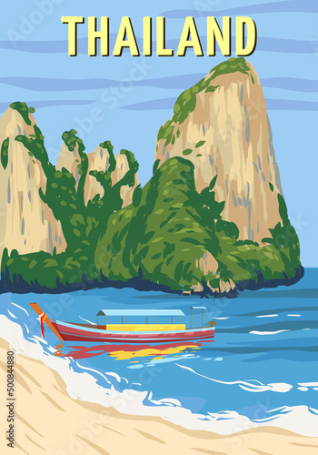 Poster Thailand tropical resort vintage. Travel holiday summer. Exotic beach coast, boat, palms, ocean. Retro style illustration vector isolated photo