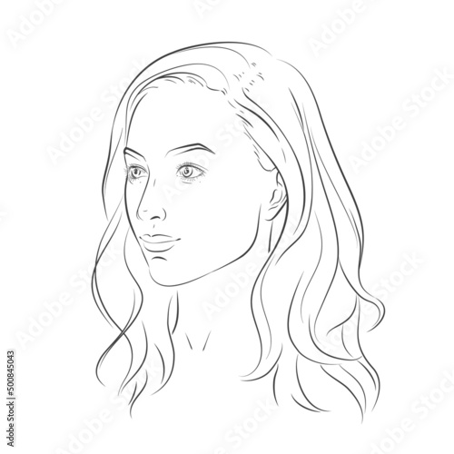 Woman face. Young beautiful girl with curly long wavy hair curls. Volume, haircut, hairdressing, hairstyle. Care and beauty. Vector Black and white line sketch illustration portrait.