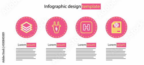 Set line Hospital, Clinical record, Electric plug and Layers icon. Vector